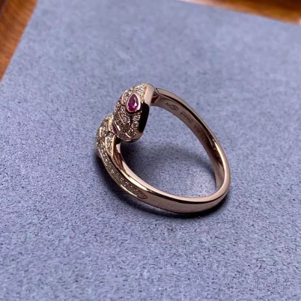 Bvlgari Serpenti Seduttori Ring 18K Rose Gold Rubellite Eyes Pavé Diamonds