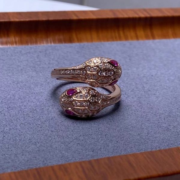 Bvlgari Serpenti Seduttori Ring 18K Rose Gold Rubellite Eyes Pavé Diamonds