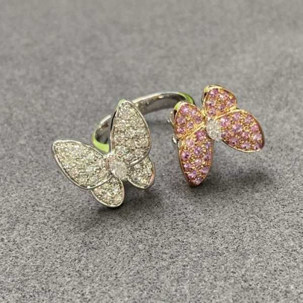 Van Cleef Arpels Two Butterfly 18K Gold Diamond Sapphire Between the Finger Ring