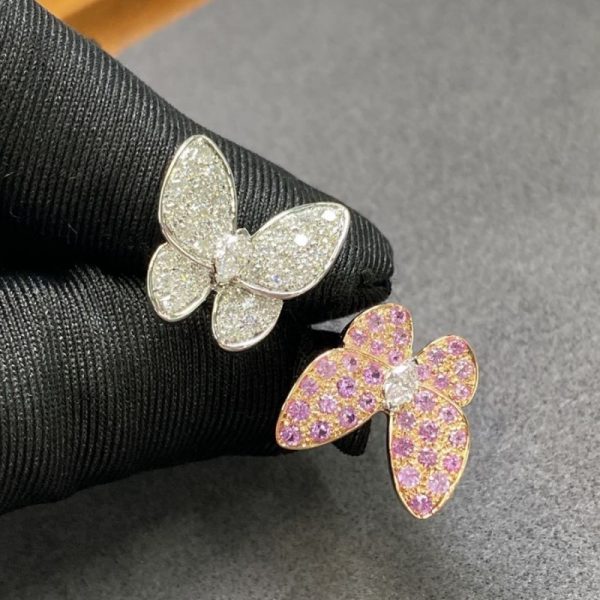 Van Cleef Arpels Two Butterfly 18K Gold Diamond Sapphire Between the Finger Ring